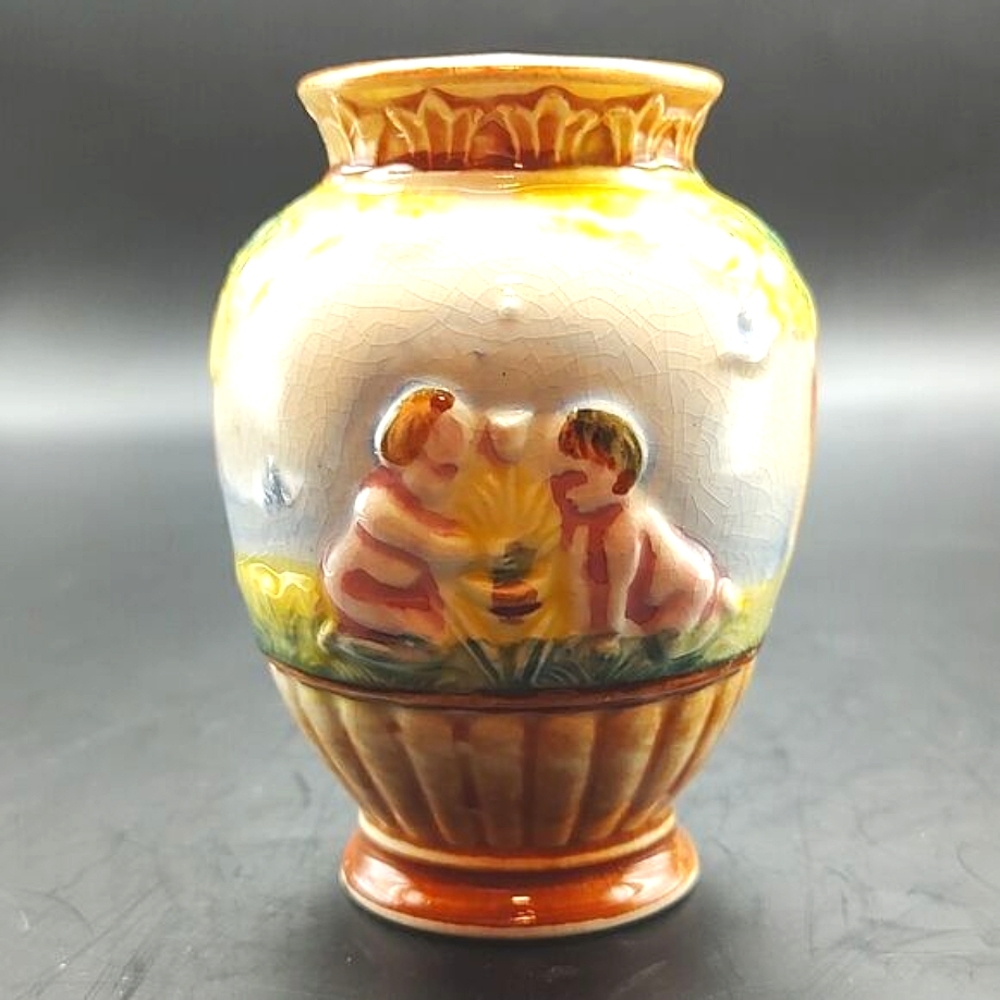 Pico Hand Painted Small Bud Vase Boy/Girl Garden Scene Made in Occupied Japan